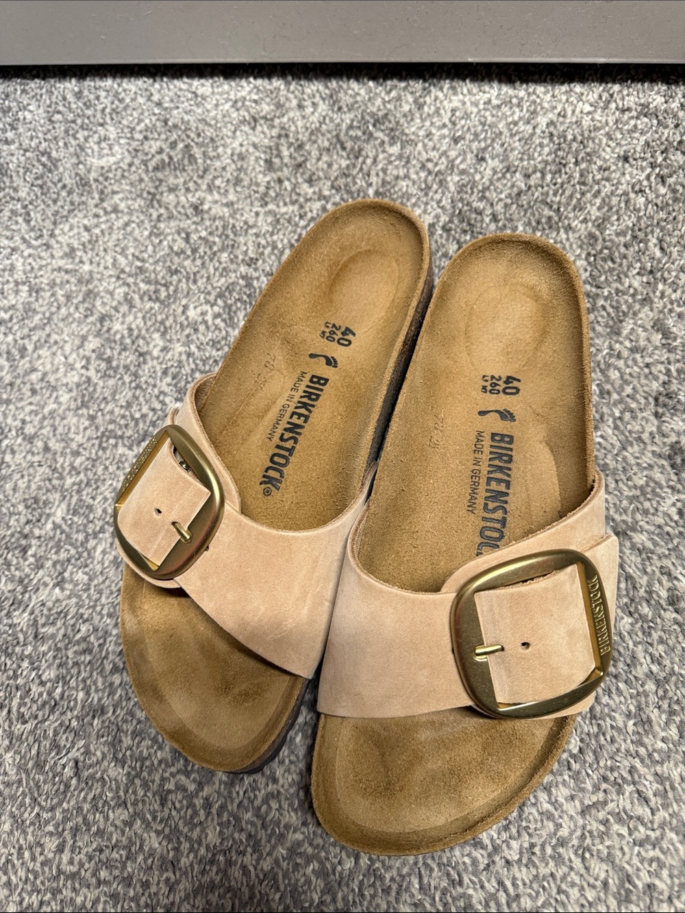 Birkenstock Single Strap Slide Sandals in Blush Pink with Gold Buckle